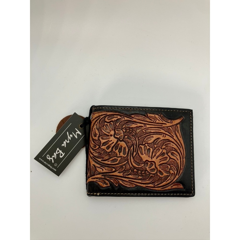 Myra Bag Paradise Mens Wallet Black Brown Tooled Leather RFID Bifold S-6586 NEW - Picture 2 of 6